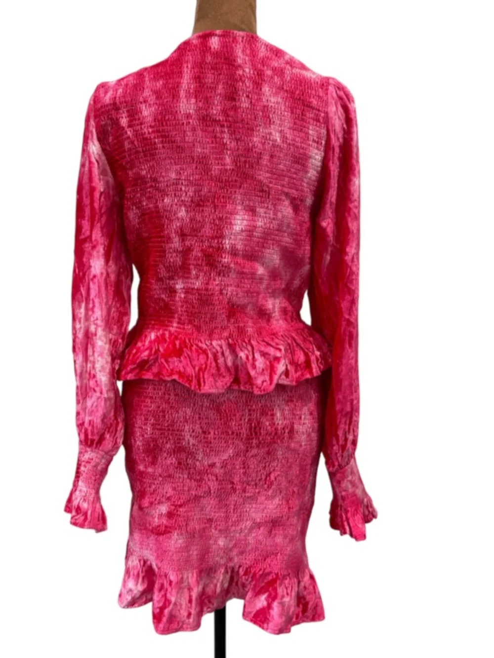 LoveShackFancy Evan Pink Grenadine Crushed Velvet Smocked Mini Dress Size M NWOT